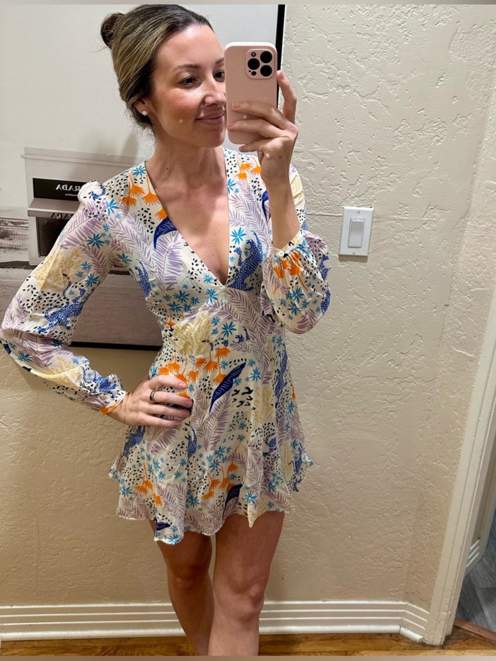 Multicolor Printed Long Sleeve Dress in White